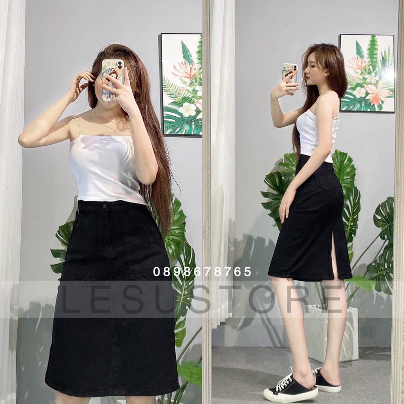 ẢNH TỰ CHỤP Chân váy jeans midi 2 túi xéo | BigBuy360 - bigbuy360.vn