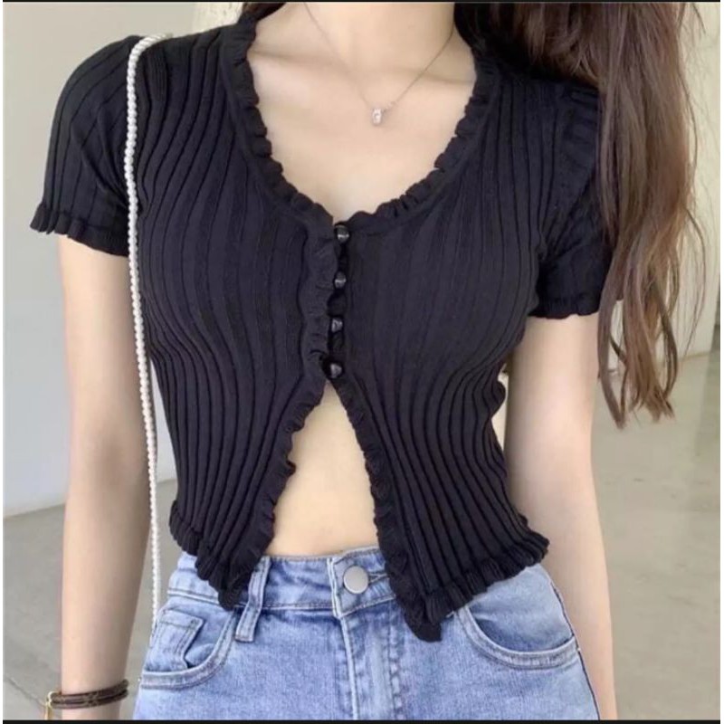ÁO LEN GÂN VIỀN BÈO NÚT BỌC, ÁO CROPTOP VIỀN BÈO HỞ EO