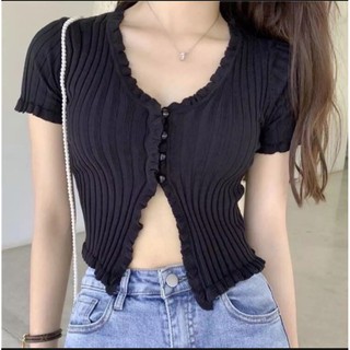 ÁO LEN GÂN VIỀN BÈO NÚT BỌC, ÁO CROPTOP VIỀN BÈO HỞ EO A10