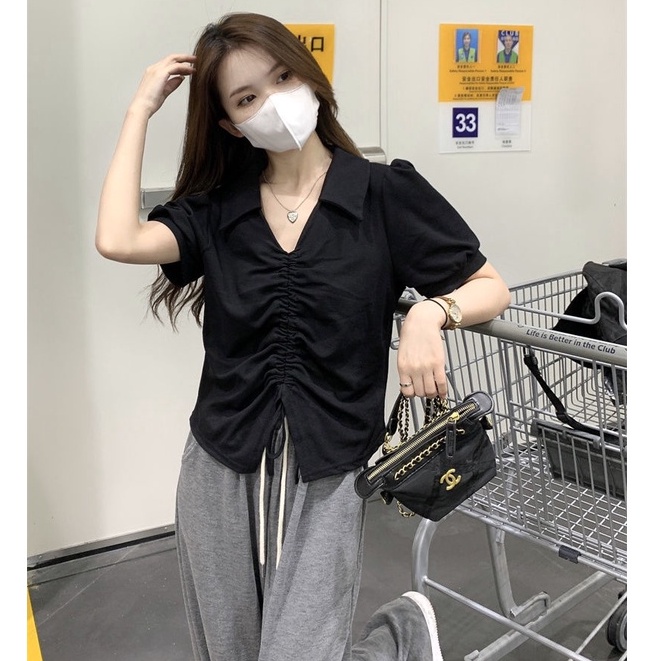 Áo Thun Tay Phồng Ngắn Cổ Chữ V Dáng Rộng Phối Dây Rút Thời Trang Mùa Hè Cho Nữ