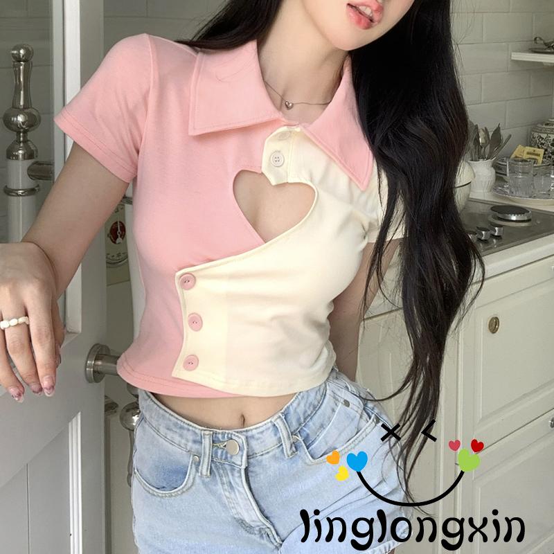 Áo Thun Ngắn Tay Phối Màu Tương Phản Thời Trang Mùa Hè Cho Nữ Linglongxi2