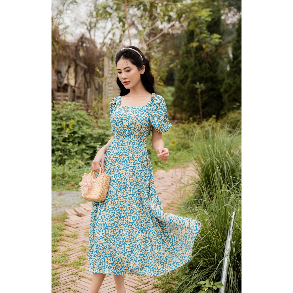 Váy hoa nữ ngắn tay dáng dài cổ vuông màu xanh hoa vàng chất tằm cao cấp YAME