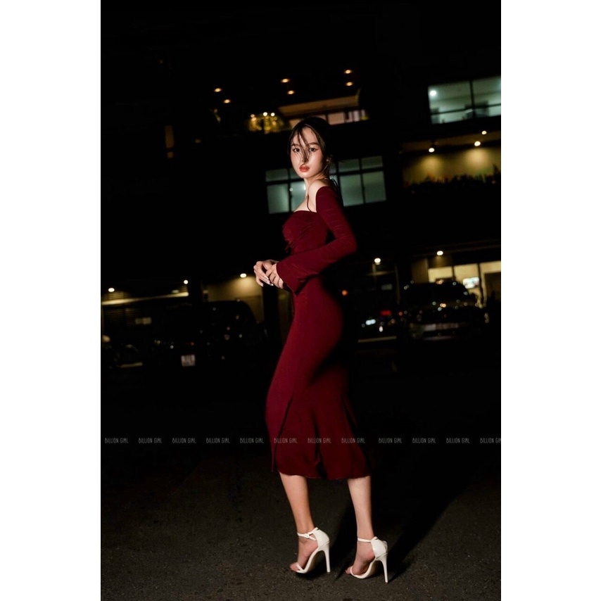 Đầm yếm tay dài trễ vai khoét ngực có mút chất thun gân siêu hot hit