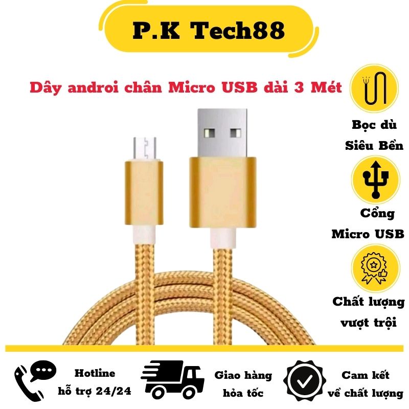 [Giảm Giá] Dây Sạc samsung, Cổng sạc Micro USB  Dây cáp sạc Android, Dài 3M Bọc Dù chống đứt