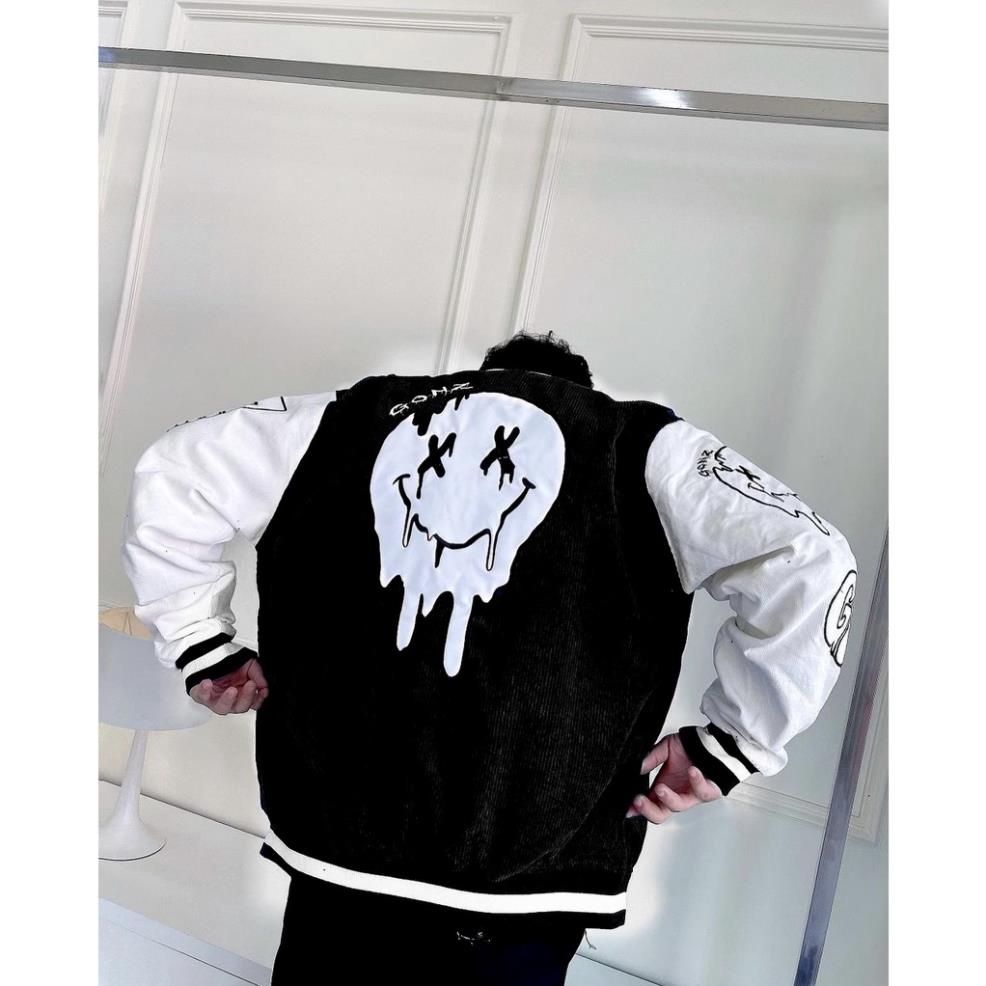 Áo khoác Bomber, Varsity jacket Gonz Black V13 nỉ nhung 2 lớp form rộng, áo bomber unisex gonz phong cách