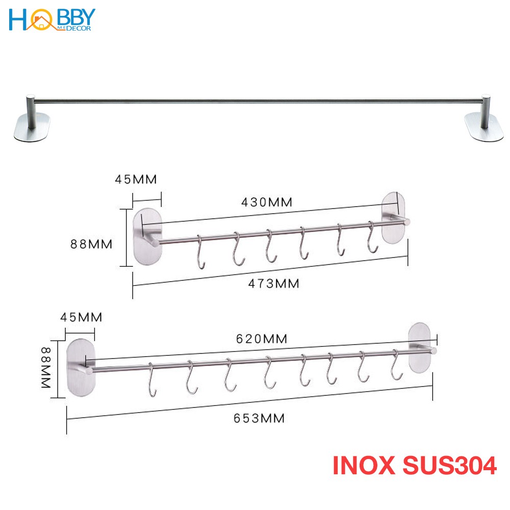 Thanh treo dụng cụ nhà bếp HOBBY TTB Inox 304 kèm móc treo dán tường - 2 size tùy chọn - kèm keo dán siêu dính