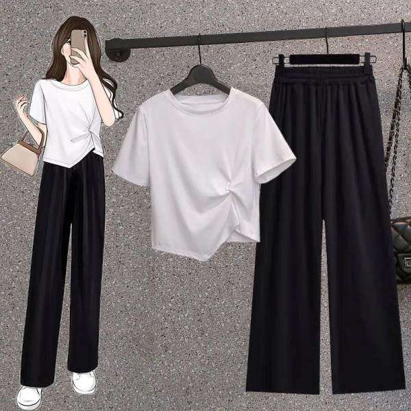 Set Áo Thun Ngắn Tay + Quần Dài Ống Rộng Màu Đen Phong Cách Hàn Quốc Cho Nữ