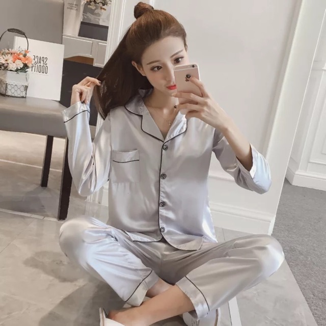 Bộ ngủ pijama lụa phi dài tay