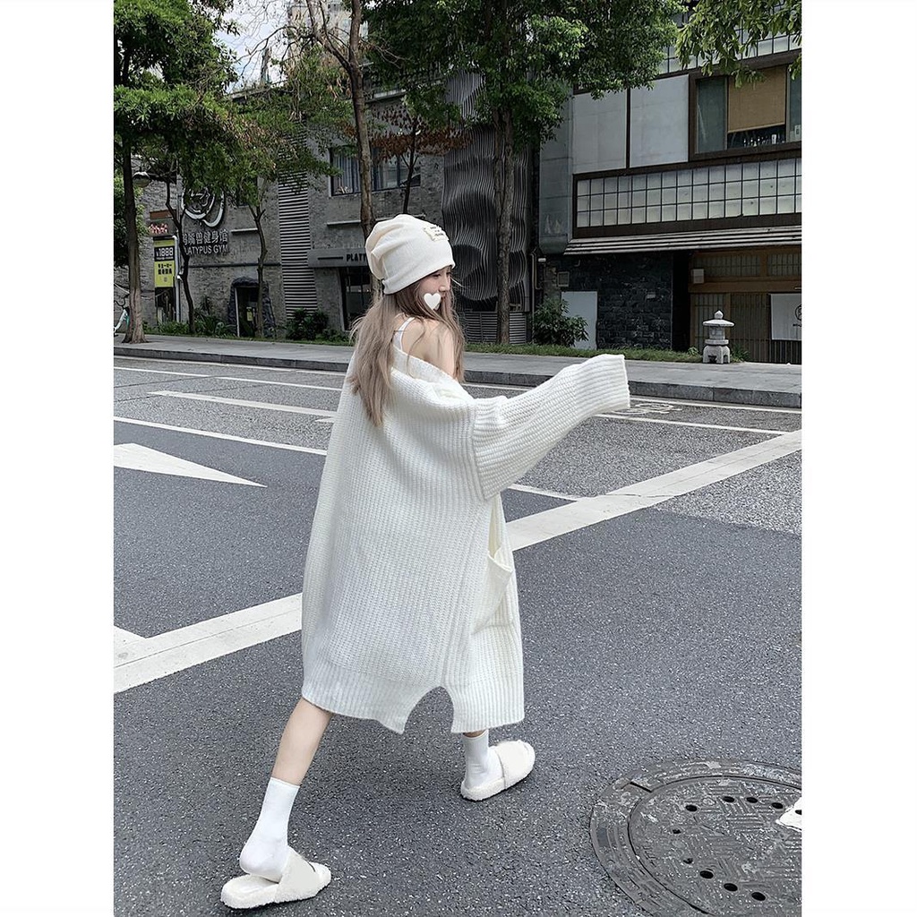 Áo Khoác Cardigan Dệt Kim Dáng Rộng Dài Trung Bình Thời Trang Thu Đông Hàng Mới Dành Cho Bạn Nữ
