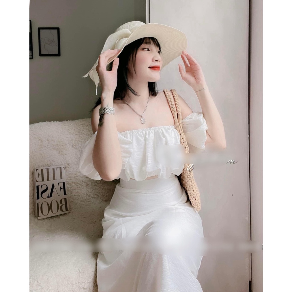 Set croptop chân váy áo trễ vai tay bồng trắng NN329 0322