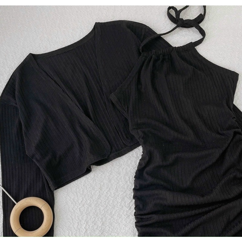 SET ĐẦM ĐEN RÚT KÈM KHOÁC - Hàng có sẵn - Kèm Ảnh thật