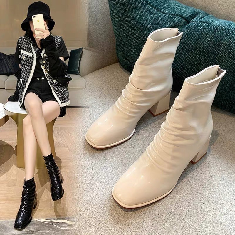 Boots nữ da nhăn cổ ngắn gót vuông cao 6cm có lót lông