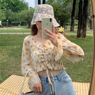 [Có Ảnh Thật] Áo Croptop Hoa Cúc Trễ Vai Phối Dây Rút -T720AO4