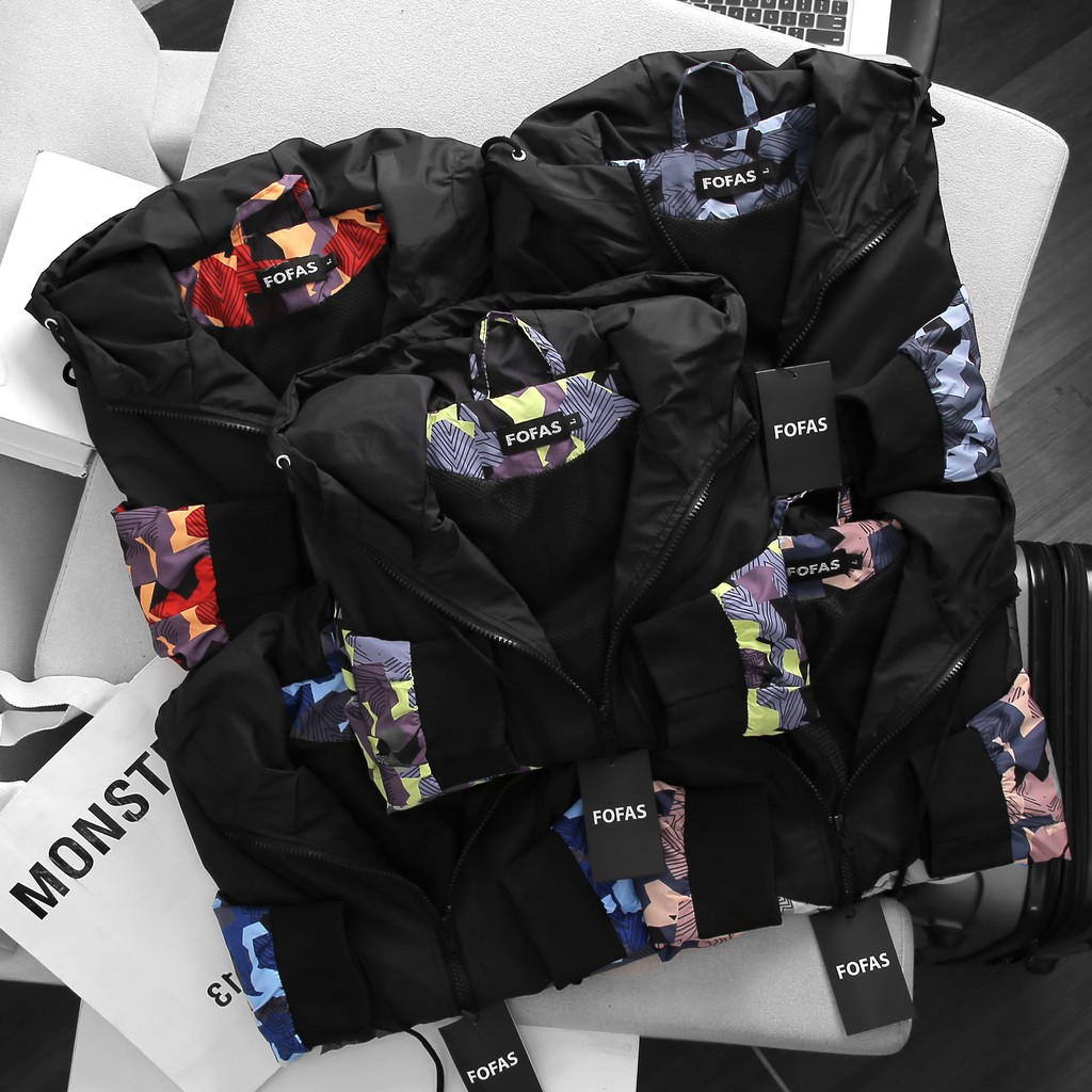 Áo khoác nam hoạ tiết FOFAS có nón, kiểu dáng thể thao, chất dù xịn may 2 lớp
