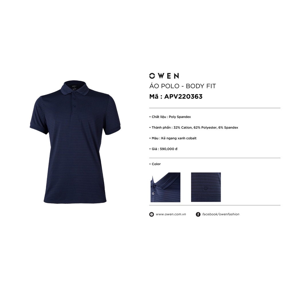 Áo thun nam có cổ bẻ polo OWEN APV220363 phông ngắn tay hàng hiệu cao cấp dáng body fit màu xanh navy vải polyester