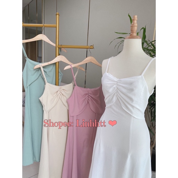 Đầm 2 dây nhún ngực BASIC chất liệu đũi mềm mát váy hai dây dáng dài xoè nhẹ váy 2 dây basic nhúng ngực Linh Htt