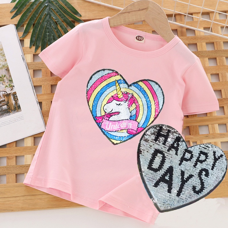 Áo thun 100% cotton in hình kỳ lân và trái tim mới 2021 cho bé 2-10 tuổi