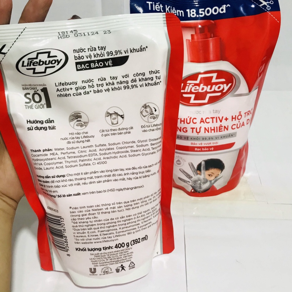 Túi Nước Rửa Tay Lifebuoy Giúp Sạch Khuẩn Và Bạc Bảo Vệ, Bảo Vệ Khỏi 99.9% Vi Khuẩn Gây Bệnh 400G
