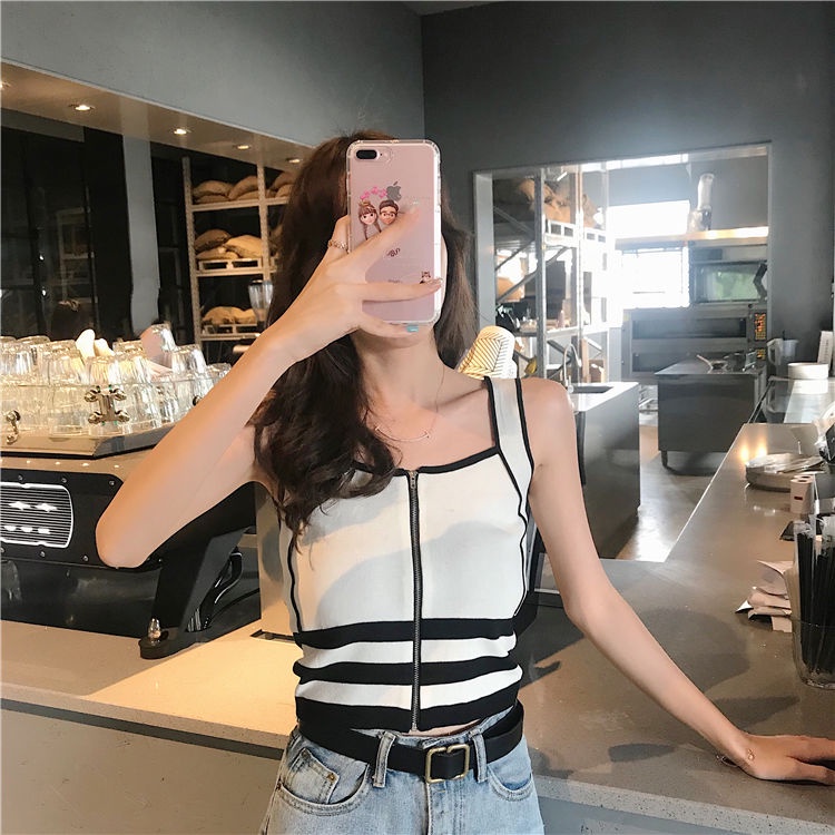 Áo Dệt Kim Không Tay Dáng Ngắn Màu Đen Có Khóa Kéo Thời Trang Mùa Hè Cho Nữ