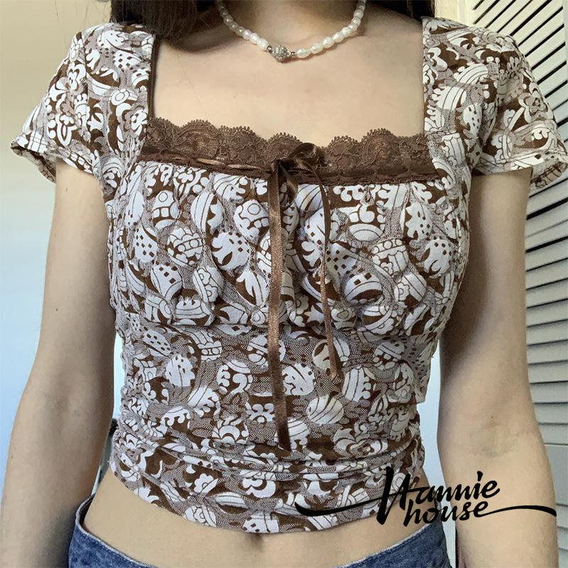 Hannie-Women´s Lace Trim Square Neck Vintage Printed Short Sleeve Exposed Navel T-shirts
