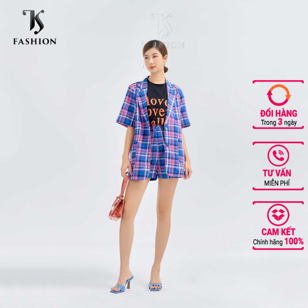 Set đồ nữ áo sơ mi và quần ngắn kẻ caro cá tính, năng động, màu sắc tươi mát, hàng thiết kế TK Fashion - SMKA143 + QSK22