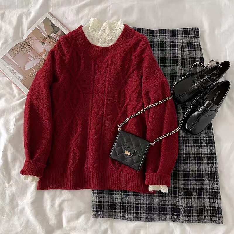 (Sold out)Áo len vặn thừng màu đỏ đun và áo ren nữ tính hot ulzzang