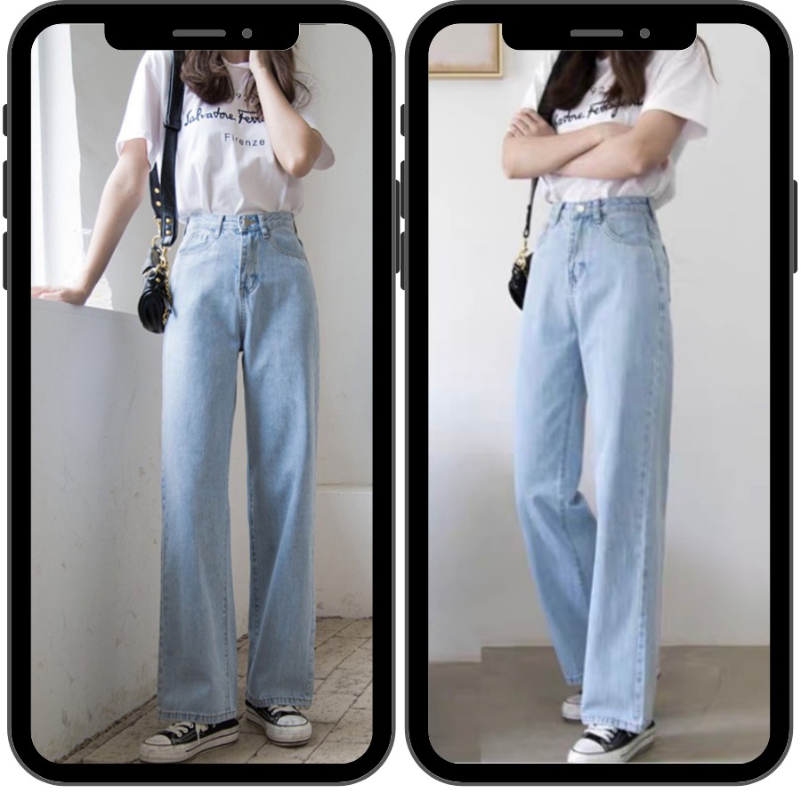 Quần jeans ống rộng cạp cao 2 túi mặt trước Ulzzang HeyBig,quần bò nữ ống rộng lưng cao vải jean dày đẹp,dáng suông-T12