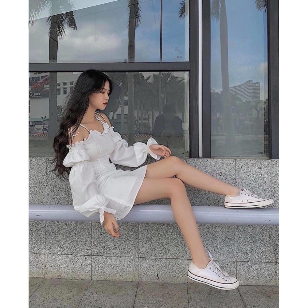 Đầm nữ hai dây trễ vai dài tay kate nhật from dưới 55kg mặc đẹp thời trang