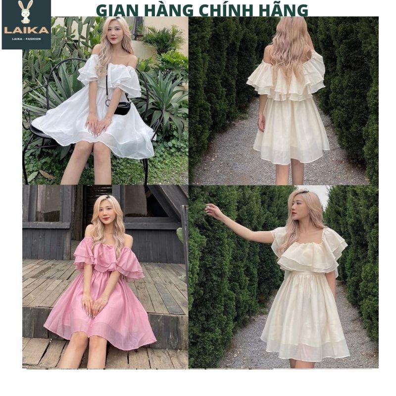 Váy voan tơ 2 lớp trễ vai tay bồng kiểu dáng hàn quốc tiểu thư bánh bèo dễ thương ulzzang -LAIKA