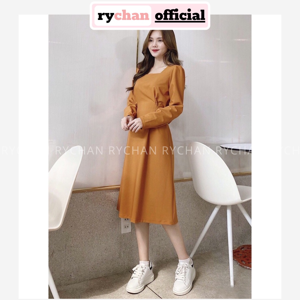 Đầm Xòe Cam Tay Dài Cổ Vuông - DX779