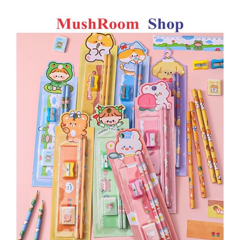 Bộ 5 Dụng Cụ Học Tập Gồm Bút Chì + Tẩy + Thước + Đồ Chuốt Tiện Dụng Cho Bé