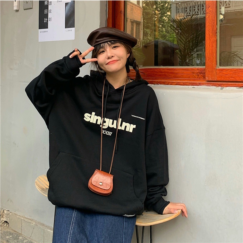 Áo hoodie dáng rộng họa tiết chữ thời trang Hàn Quốc