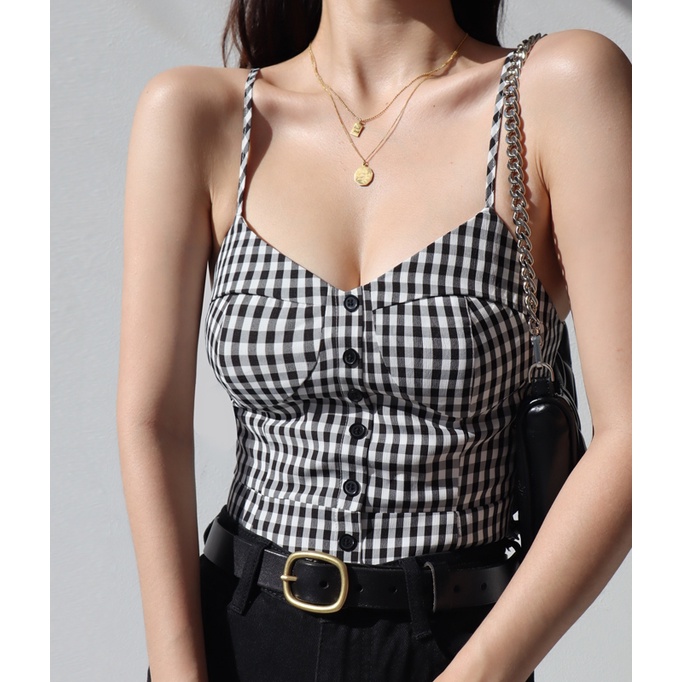 Cô Gái Pháp Đen Trắng Kẻ Sọc Cổ Chữ V Áo Cổ Chữ V Retro Slimfit Slimer Nhìn Lại Áo Vest Ren Dây Dễ Thương Lưng Đẹp Bên Ngoài Áo Vest Không Tay Dây Đeo Vai Mỏng Dễ Thương Châu Âu Mỹ V