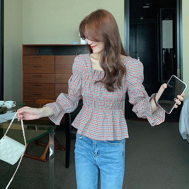 Women Retro Square Collar Plaid Shirt Sleeve Plaid Shirt Slim Waist Shirt Top