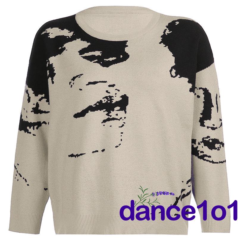 Áo Sweater Tay Dài Cổ Tròn Dáng Rộng In Hình Chân Dung Cho Nữ