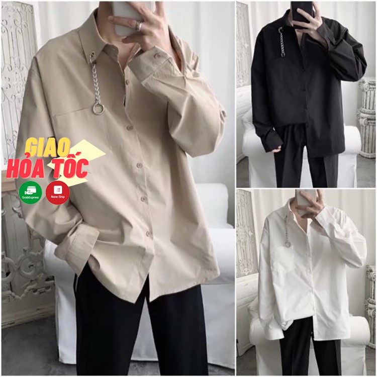 Áo sơ mi nam form rộng phối khoen cổ tay dài - Hàng mới về