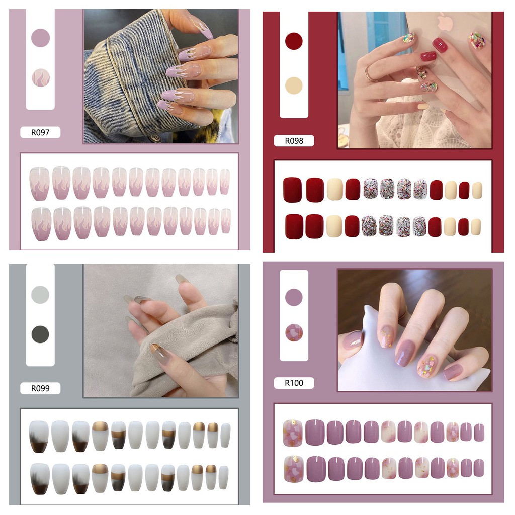 Bộ nail móng tay giả trang trí 3D 24 miếng có keo kèm theo xinh xắn R081-R100 chống thấm nước
