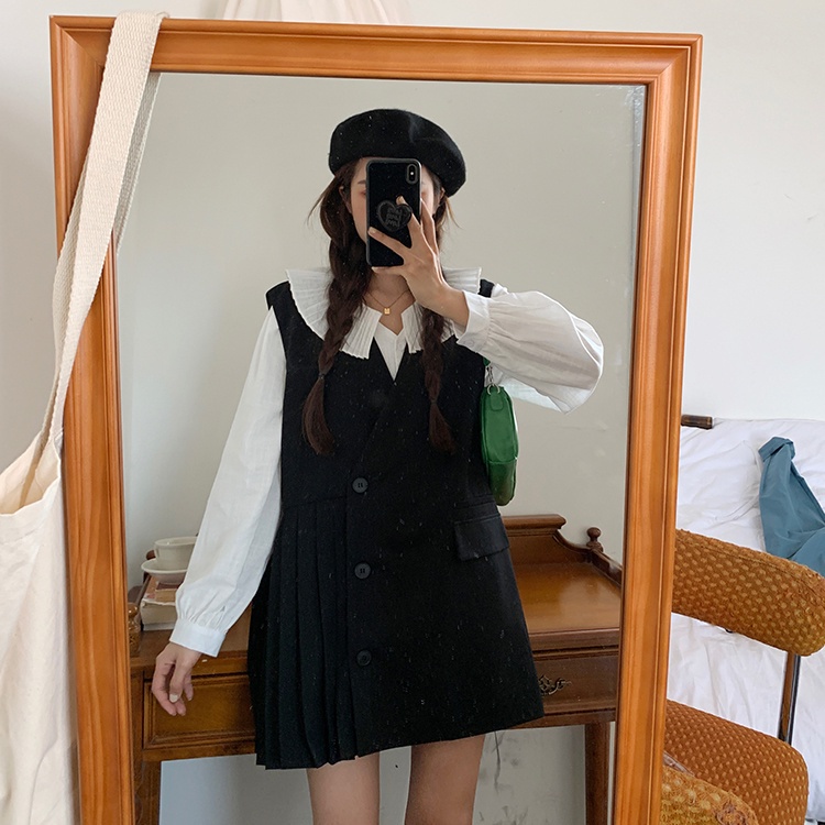 Bộ đầm vest không tay và áo sơ mi 3 màu trơn thời trang retro Hàn Quốc thời trang cho nữ