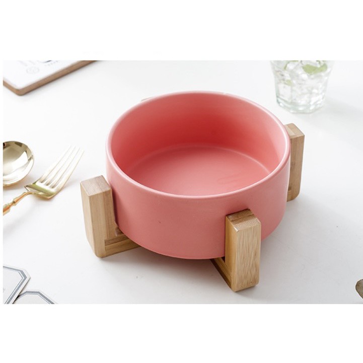 (SẴN) Tô sứ kèm kệ gỗ chống nóng, tô salad sứ màu pastel phong cách Bắc Âu 16cm - Bát sứ cao cấp xuất khẩu