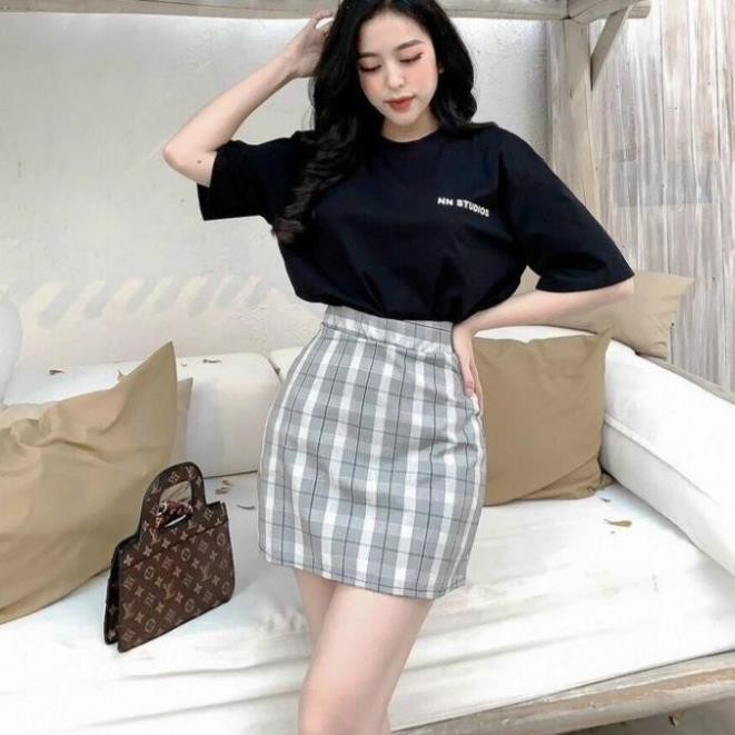 Set chân váy kẻ kèm áo phông 💖FREESHIP💖 Set áo thun nữ mix chân váy kẻ caro AD49