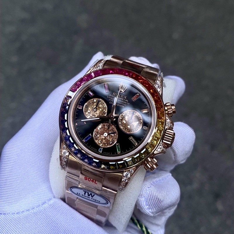 Đồng Hồ Nam Rolex Daytona Rainbow Đá Cz 7 Màu Cực Nét 40mm Đồng Hồ Nam Hàng Cao Cấp