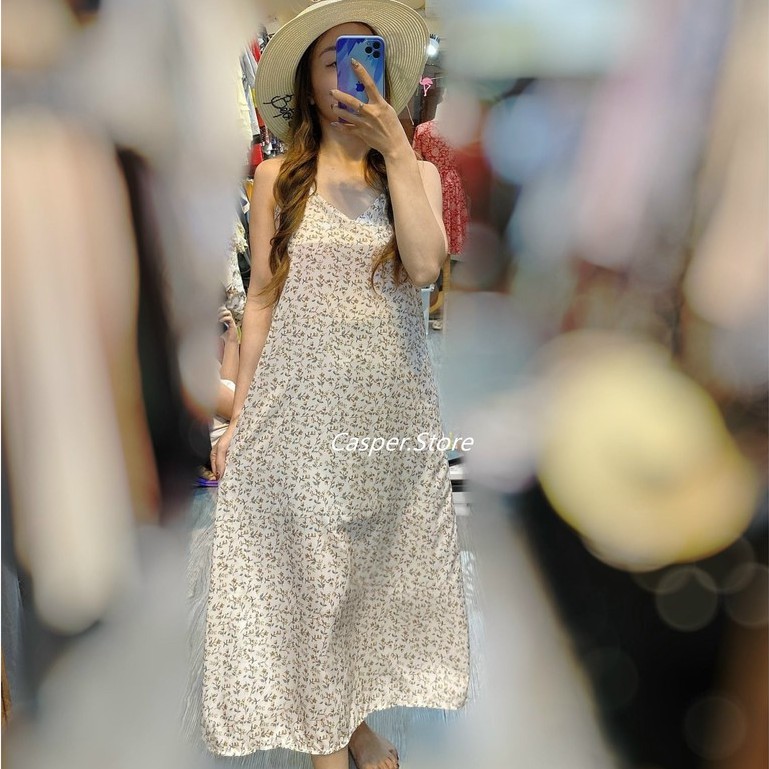 Váy Hai Dây Hoa Nhí Cam ⚡ Casper.Store | FREESHIP | ⚡ Váy hai dây dáng suông họa tiết hoa nhí Ulzzang