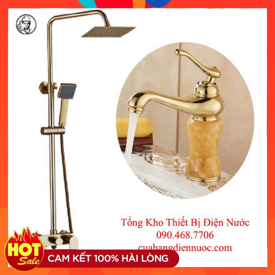 Combo bộ sen cây tắm GIORMANI vàng ánh kim kèm vòi chậu lavabo đính đá cao cấp