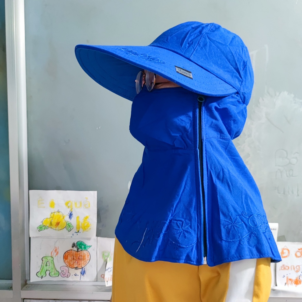 Khẩu trang nón Dy Ngọc vành to chất liệu cotton màu thêu viền dây kéo 1 bên, che vai và cổ, thích hợp mọi thờ