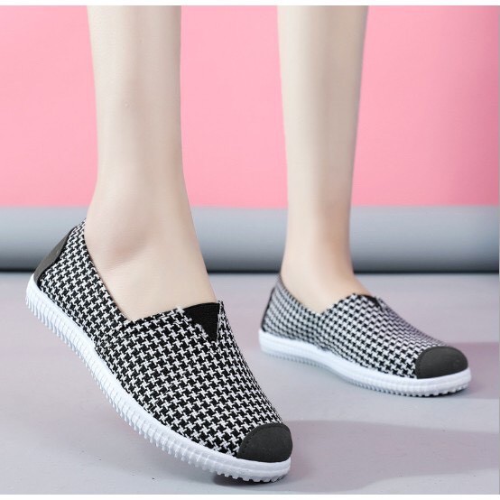 [Hình thật] GL4 Giày lười slip on nữ kẻ caro bọc cói vintage thời trang