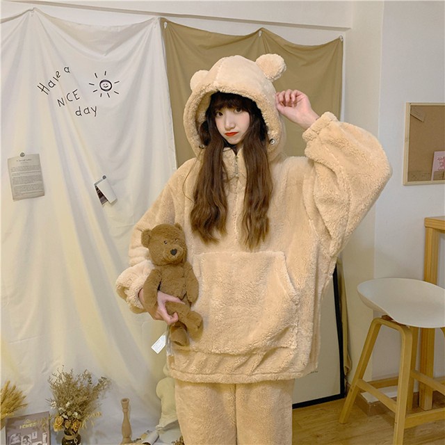Bộ Ngủ Lông Cừu Mũ Tai Gấu Màu Be Nâu Siêu Xinh, Bộ quần ao ngủ nữ mùa đông ấm áp dày dặn, áo lông nữ - THÔNGTHU | BigBuy360 - bigbuy360.vn