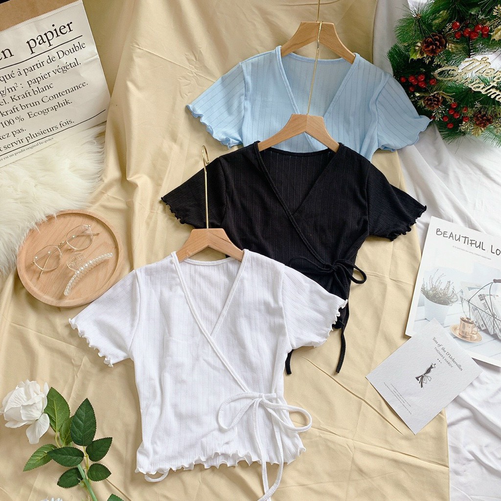 áo kiểu cổ v đắp chéo cột thun gân mềm hot hit xinh xắn