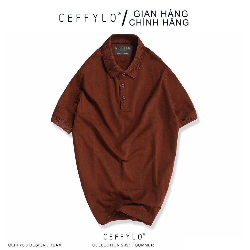 Áo Polo họa tiết in kẻ sọc nhỏ Nâu, vải Cotton mềm mịn, co giãn - CEFFYLO