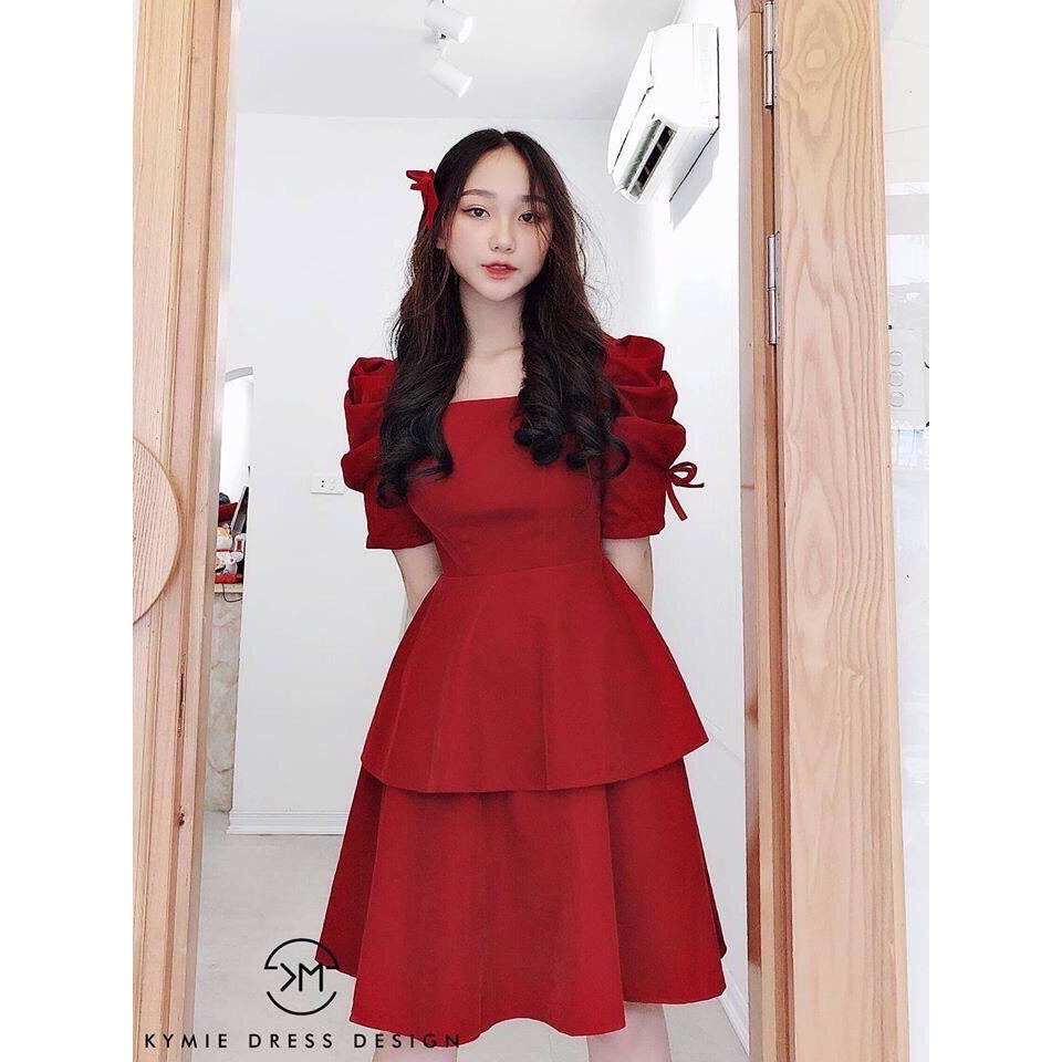 Váy đầm nữ dáng xòe xếp tầng kiểu dáng thanh lịch tay phồng rút dây chất For cao cấp dày dặn thích hợp mặc đi tiệc