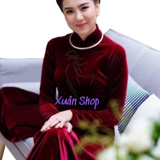 Áo dài nhung truyền thống cách tân đỏ đô may sẵn